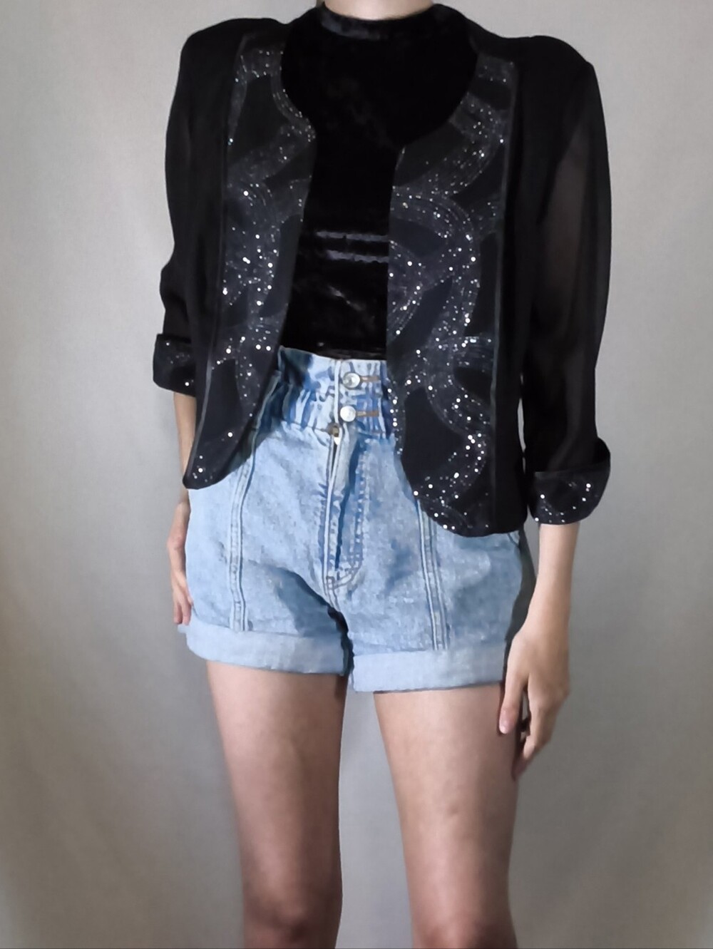 Dana Kay Black Sheer Sequin Open Shrug Jacket